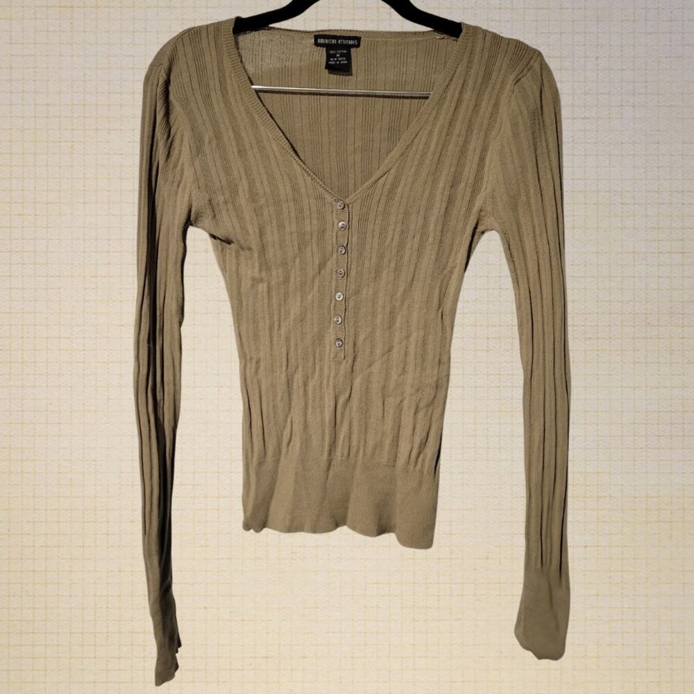 y2k American Attitudes Light Green Ribbed Cotton Henley Top Medium Stretchy V-